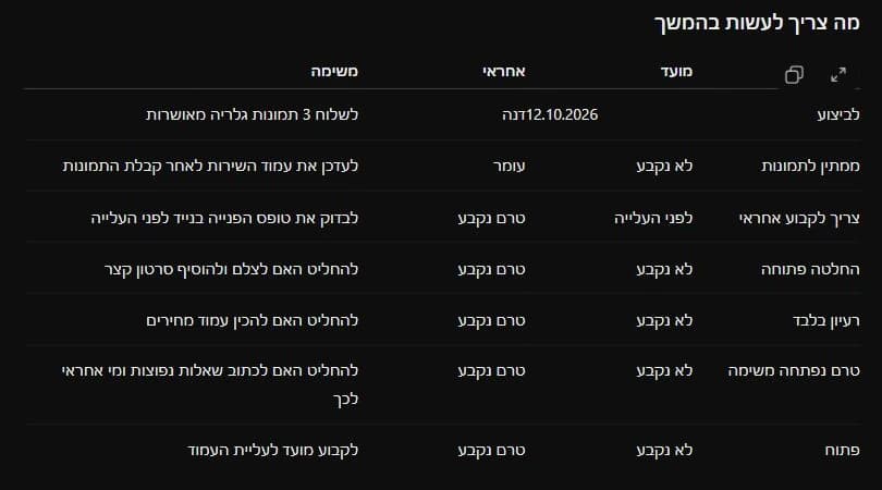 הסיכום הראשון של ChatGPT עם שבע שורות בטבלה אחת, ובהן משימות, רעיונות והחלטות פתוחות
